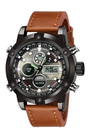 Analogue-Digital Luxury Black Dial Leather Strap Multi-Functional Casual Business Calendar Wrist Watch for Men