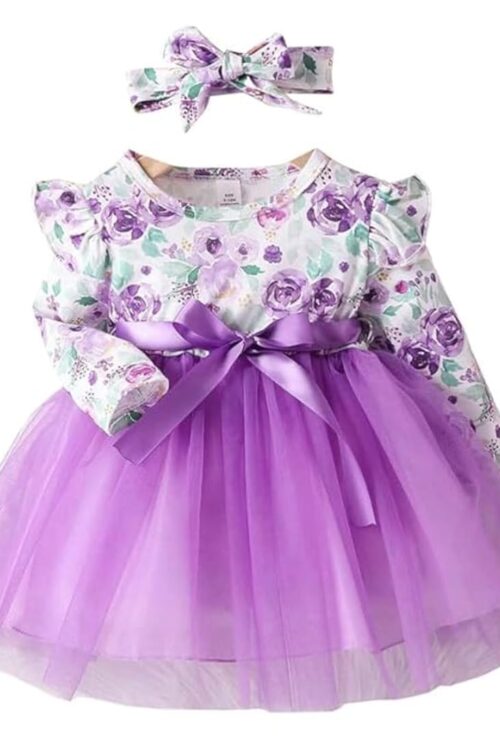 Purple Color Baby Frock with Long Sleeve Knee-Length